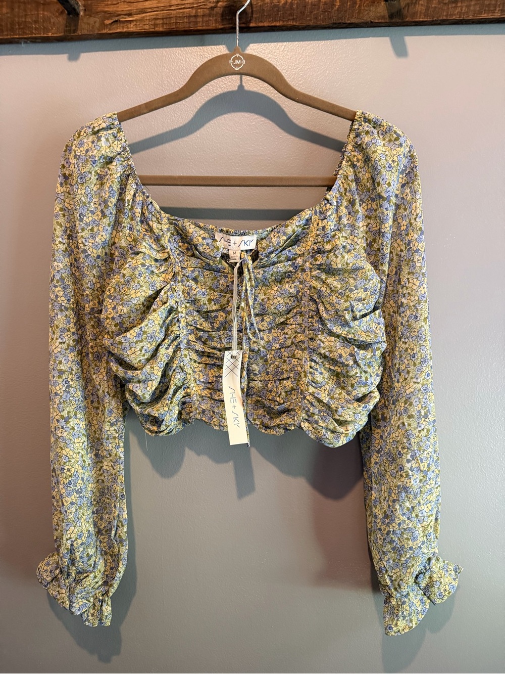 She + Sky Yellow and Lavender Floral Ruched Long Sleeve Crop Top